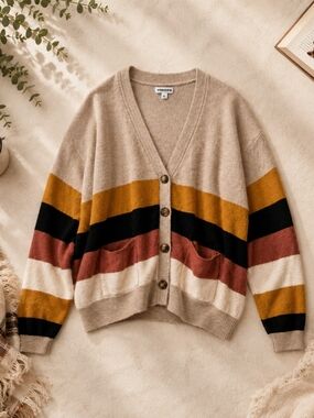 Vigoss Colorblock Button Cardigan Beige Mustard Rust XL
